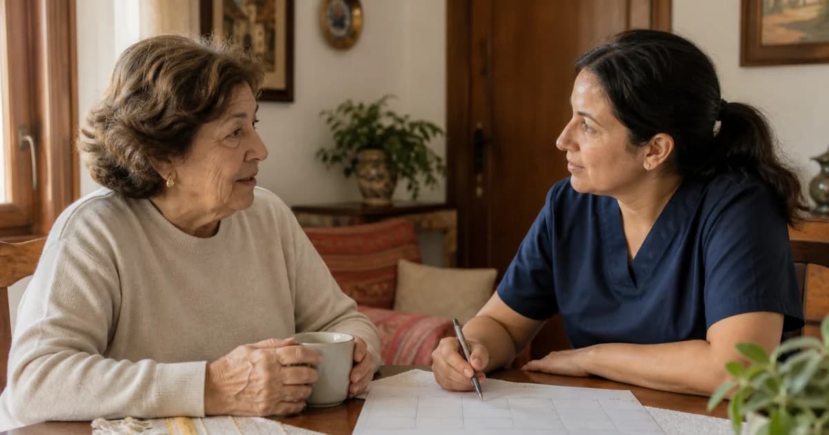 Cuidadora y mujer mayor conversando sobre horarios y condiciones de trabajo