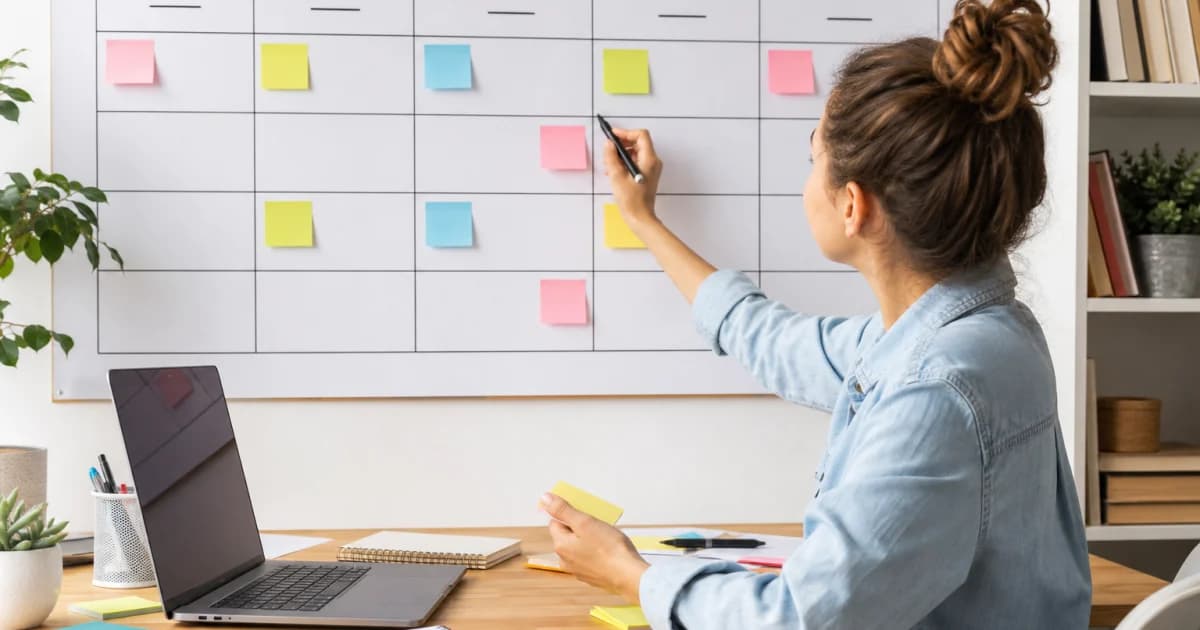 Candidata organizando un plan semanal de búsqueda de empleo con notas adhesivas