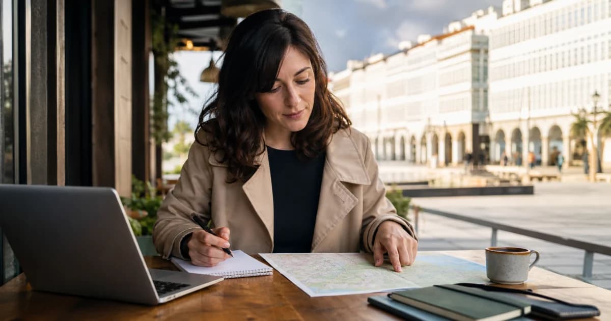 Candidata planificando su búsqueda de empleo frente a las galerías de A Coruña