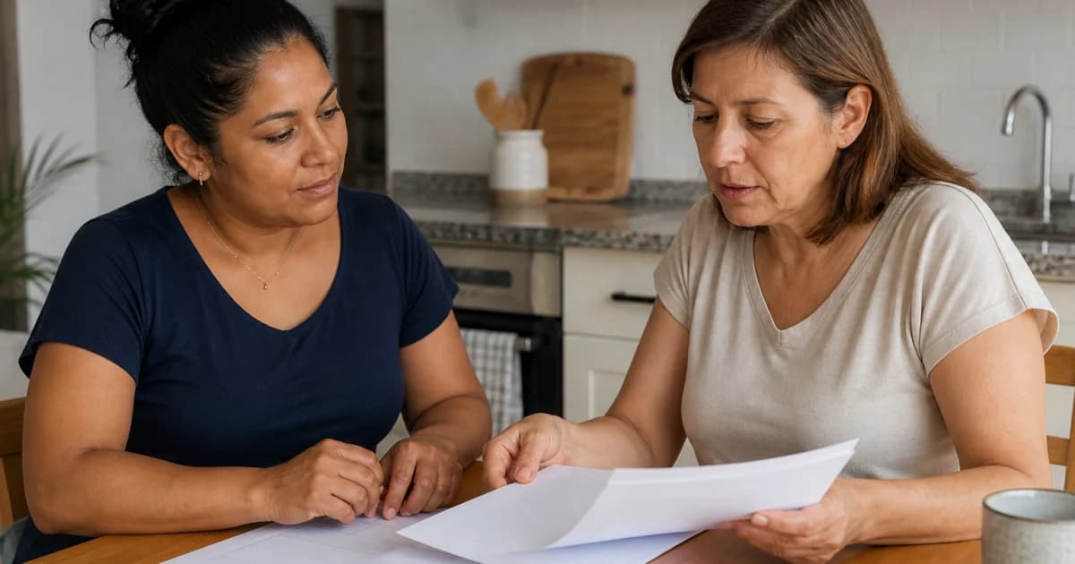 Trabajadora y empleadora revisando juntas un contrato de empleo de hogar