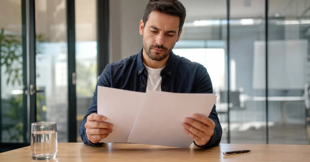 Trabajador leyendo con atención varias páginas de un contrato indefinido