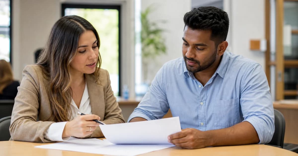 Dos personas revisando juntas un contrato de trabajo en una oficina de orientación