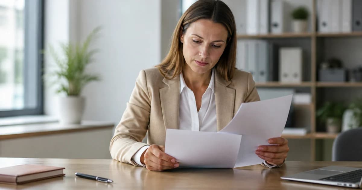 Trabajadora revisando todas las páginas de un contrato antes de firmarlo