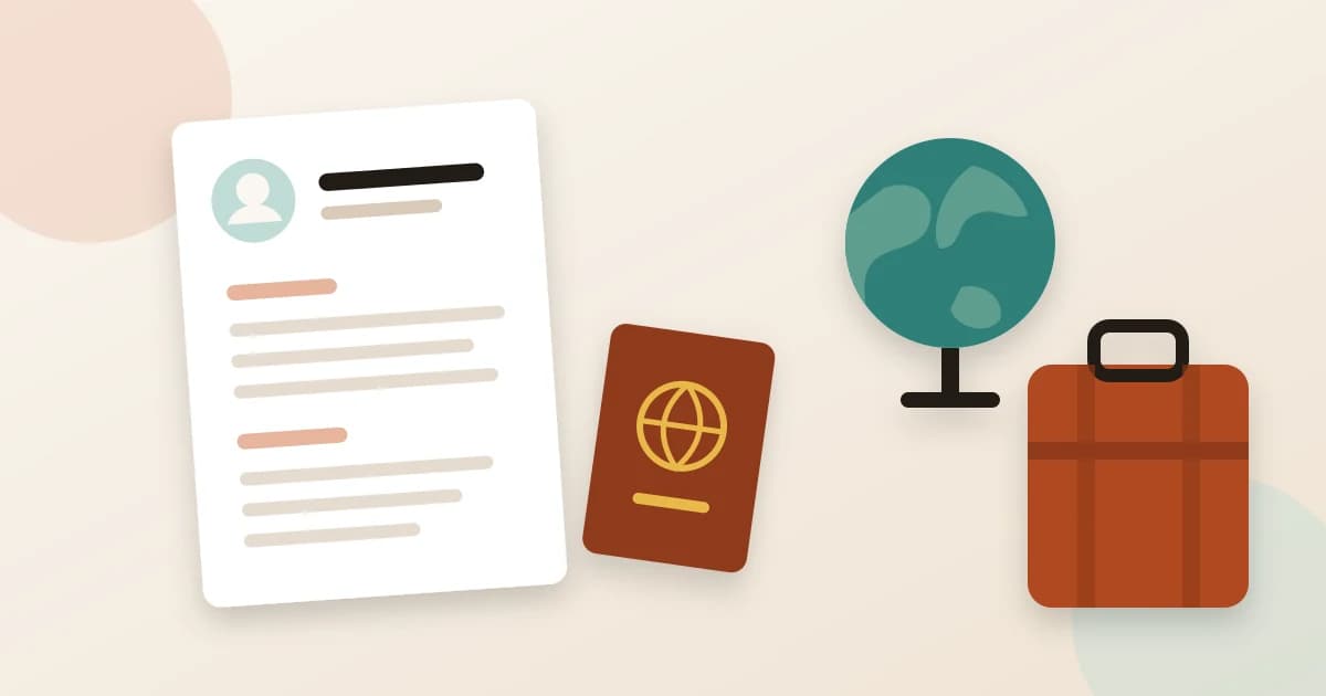 Ilustración de un currículum junto a un pasaporte, un globo terráqueo y una maleta
