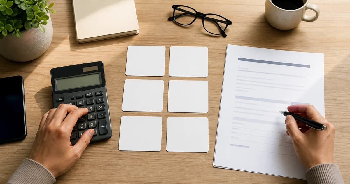 Manos comparando con una calculadora los componentes de una oferta salarial