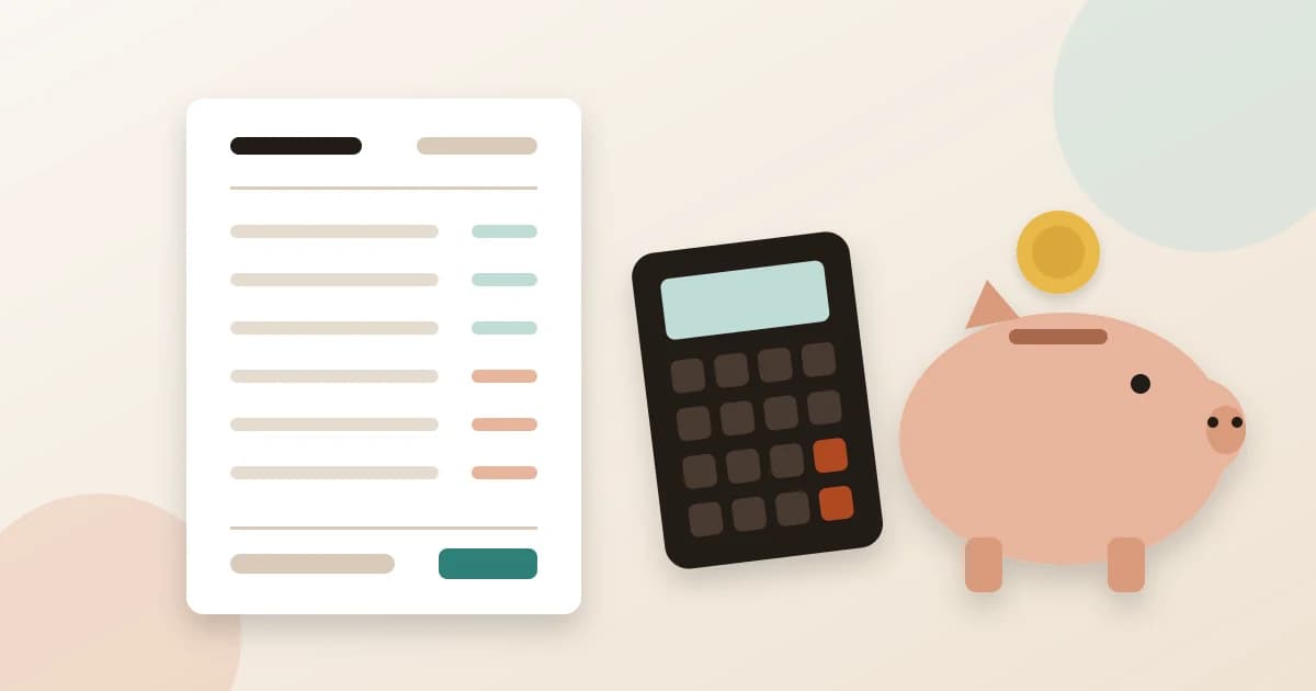 Ilustración de un recibo de salario con columnas de importes junto a una calculadora y una hucha
