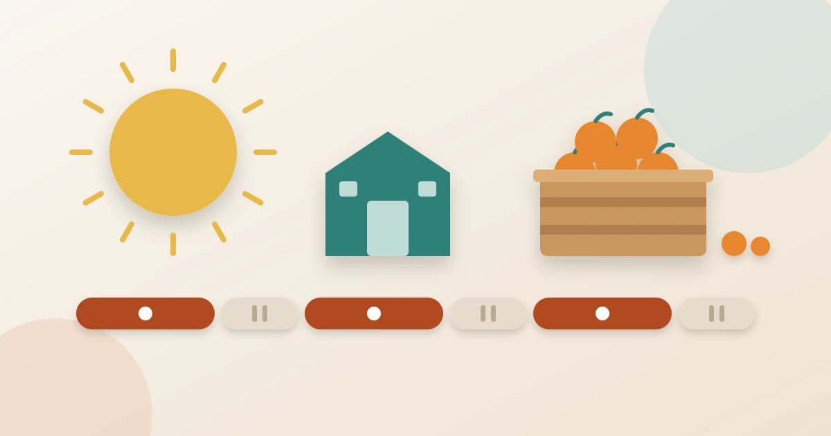 Ilustración de un sol, una nave y una caja de naranjas sobre una línea de periodos de actividad y pausa