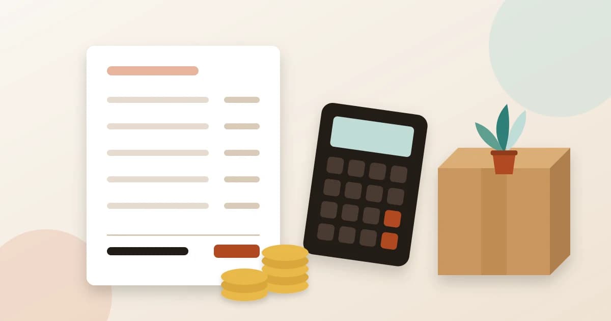 Ilustración de un documento de liquidación junto a una calculadora, monedas y una caja de mudanza con una planta