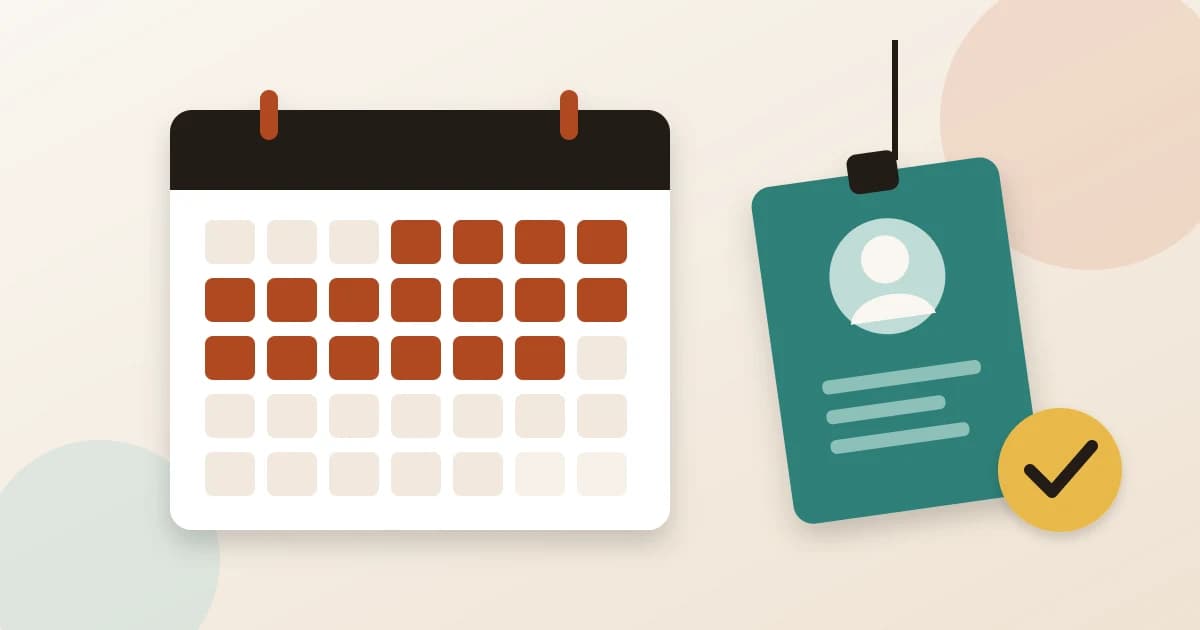 Ilustración de un calendario con varias semanas marcadas junto a una credencial de empresa y un símbolo de aprobado